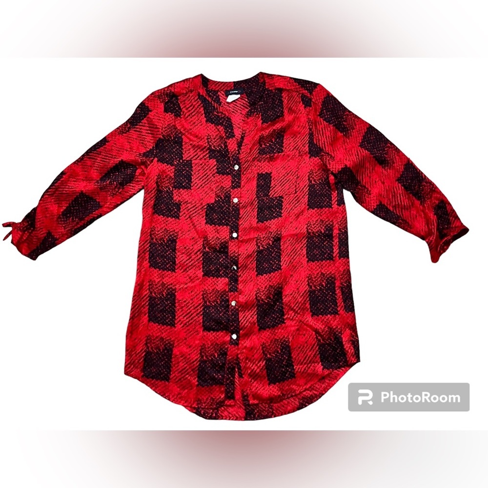 Cocomo Women’s Silky 3/4 Sleeve Button Down Blouse in Red and Black Plaid Sz S